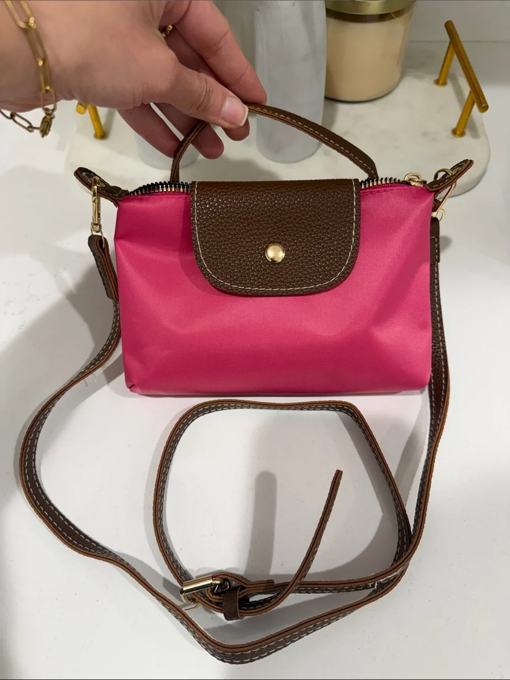 Pink Nylon Mini Bag with Brown Trim